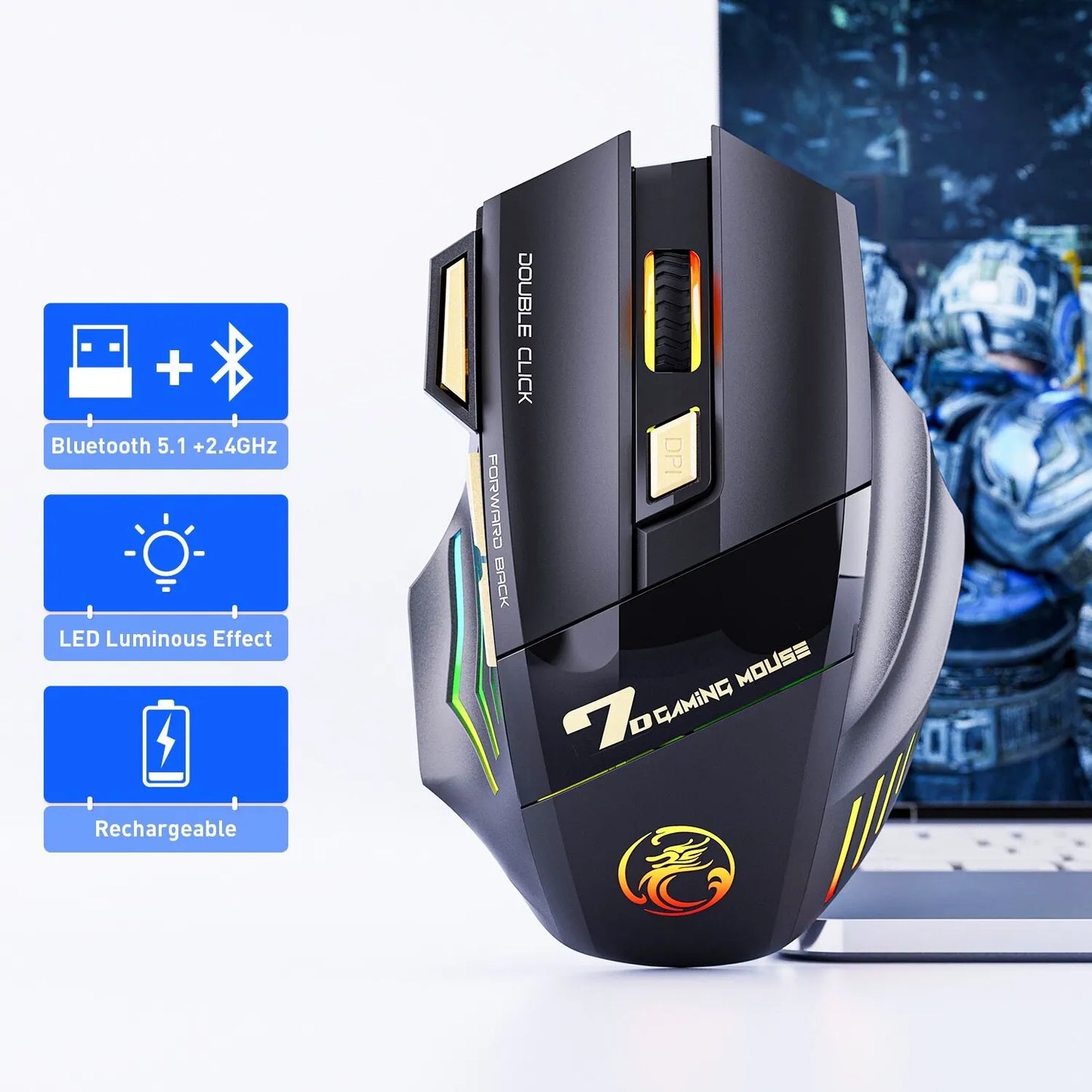 Wireless LED Gaming Mouse USB IMICE  Dual Mode Rechargeable